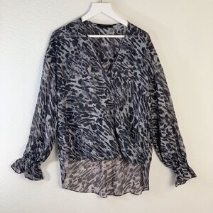 AllSaints Ambient Black Gray Animal Print Faux Wrap Blouse Sz S